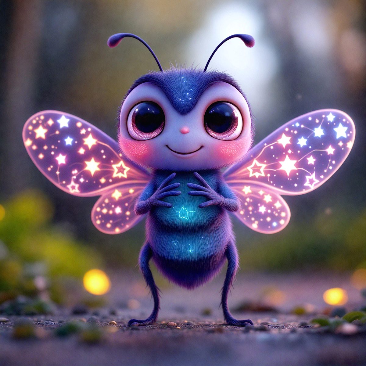 The primary subject of the image is a purple and blue butterfly with a star on its wing. The butterfly is standing on a path, surrounded by a forest. The visual style of the image is digital art, with the butterfly being a digital illustration. The colors and mood of the image are vibrant and lively, with the purple and blue butterfly being the main focus of the scene.